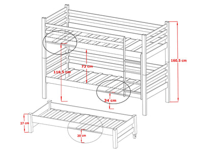 Wooden bunk bed Tomi with Trundle Storage