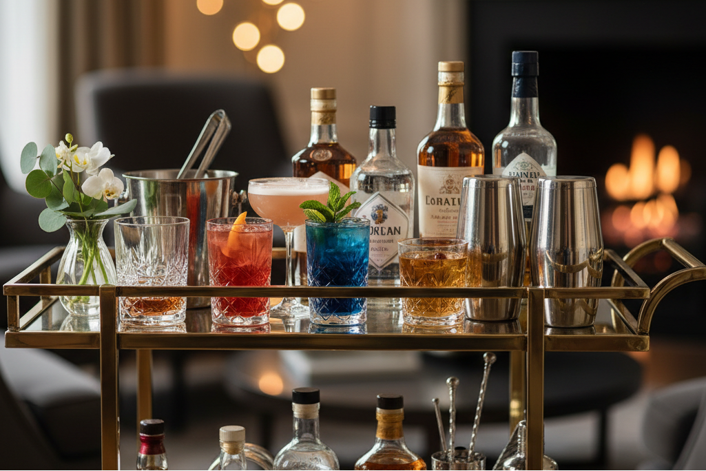 can you create a high resolution image of a luxury high end drinks trolley loaded with cocktails and drinks. Make the image bright but initimate, I want the viewer to think of hosting and entertaining.